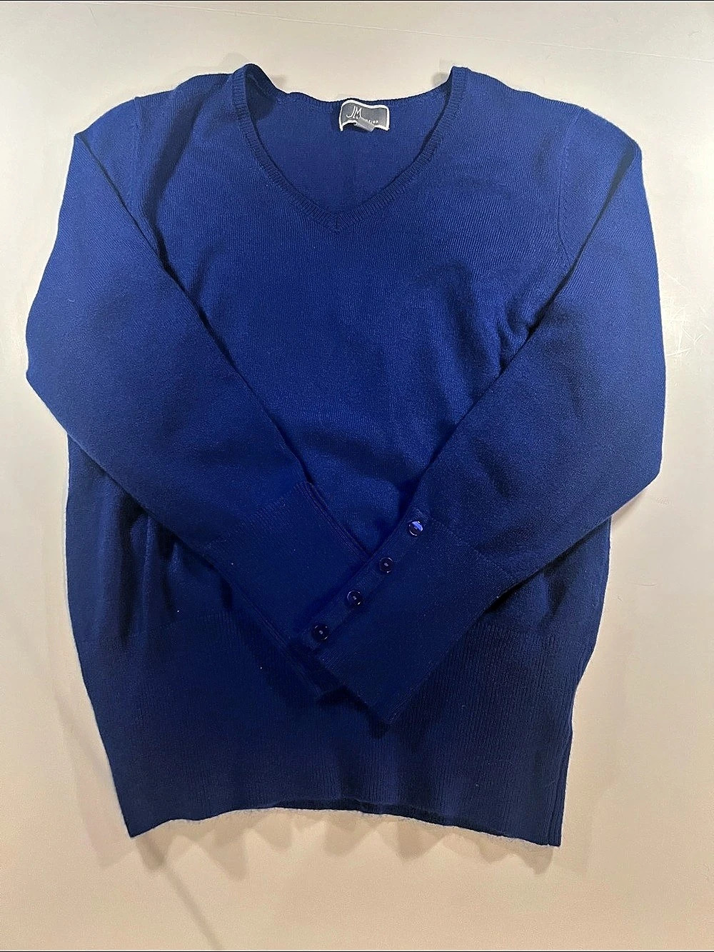 JM Collection Button-Cuff V-Neck Sweater Blue Medium